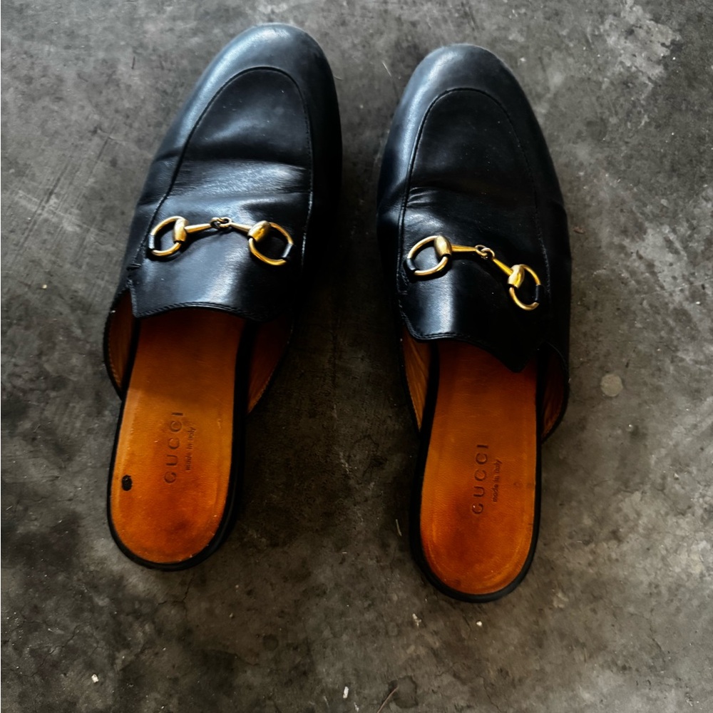 Gucci Black Leather Loafers with Gold Accents
